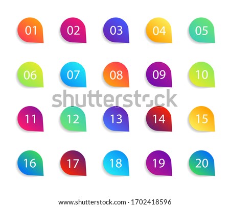 Bullet point icons with numbers. Color circles for infographic with shadow. Markers with number 1 to 20. Rounds for buttons, tags, ui and graphic map. Set of graphic pointer with steps. Vector.