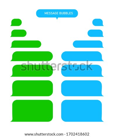Message bubbles for text chat. Sms, mms, speech box in mobile phone app. Green and blue interface of dialogue. Blank template messenger for conversation or talk. Social speach service. Vector.