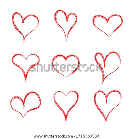 Heart hearth. Collection of handmade hearts. Love pattern. Heart drawn of brush. Handdrawn red logo for flirt, sweetheart, valentine day, marriage. Grunge shapes for cartoon, gift, label. Vector.