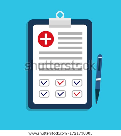 Medic plan. Medical test of health. Form of doctor report. Checkup patient in laboratory and record. Prescription after diagnostic. Clinical document with questionnaire on the board with pen. Vector.