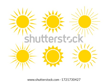 Sun logos. Icons of sunrise, sunset with sunbursts. Cute drawing of sunshine for kids. Happy spring and summer morning. Yellow and orange cartoon graphic shapes. Collection silhouettes of suns. Vector