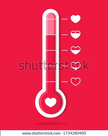 Thermometer of love and heart. Meter of temperature icon. Happy goal in romance. Hot weather. Barometer with scale for health body. Gauge with level good emotion in Valentine day. Hot customer. Vector