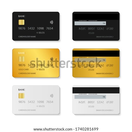 Card credit. Mockup of plastic debit card. Set of bank card with chip. Template in front, back view. White, black, gold mock. Payment with security for business, shopping. Luxury background. Vector.