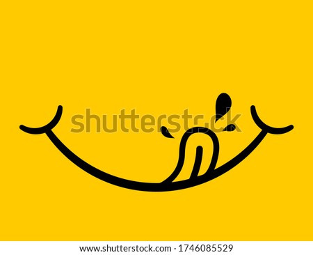 Yummy icon. Logo of delicious eat. Face smile after tasty food. Emoji of happy mouth with tongue. Emoticon of hungry foodie. Pleasure from enjoy of yum. Drool from flavor. Yellow symbol for fun.Vector