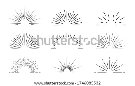 Sunburst icon. Sun burst with lines. Retro logo of half circle with radial rays. Graphic burst of sunshine light. Starburst with sunrise. Vintage elements and sparks for abstract design. Vector.