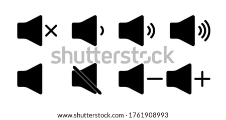 Sound icon mute. Volume and audio up or down. Speaker button off or silent mode. Sign of loud noise of music. Symbols of siren bar for player app. Level of volume ringtone, voice for computer. Vector.