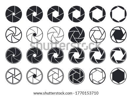 Camera shutter icons. Aperture and lens for focus. Photo optics. Diaphragm, objective, zoom-snap of photograph. Logos of photography studio, film, picture. Symbol for photo, video equipment. Vector.