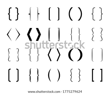 Parenthesis. Curly bracket for text. Brace icon. line and frame for typography and punctuation. Vintage design shapes. Square signs for school. Hand drawn symbol. Set of graphic calligraphy. Vector.