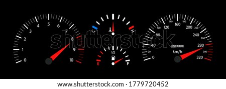 Car speedometer, dashboard, tachometer and temperature gauge. Vehicle with digital display. Scale of gage of fuel, speed, rpm. 3d panel with instrument. Velocity motorbike or car with odometer. Vector