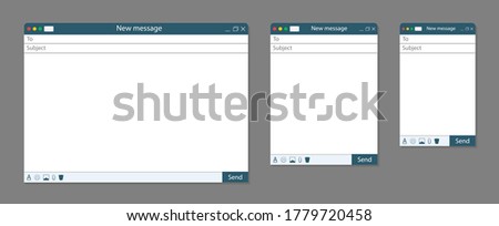 Email template. Window of mail in browser with interface. Blank message on screen of computer, phone, tablet. Layouts and forms with boxes for contacts, addresses of email. Web mockup with ui. Vector.