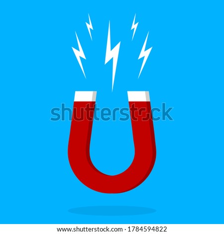 Magnet icon. Electromagnetic horseshoe for attract. Red symbol of force pull. Field of power magnet. Cartoon shape isolated on blue background. Energy concept. Sign of attraction in physics. Vector.