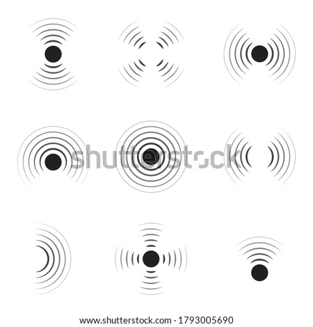 Wave sonar. Radar with signal. Icon of pulse. Concentric sound circle. High sonic frequency with vibration in air. Noise and energy from speaker. Symbol of radio, military protection and scan. Vector.