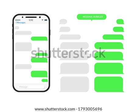 Chat through bubble in phone. Chatbot in messenger. Message in whats. Sms and conversation in app on mobile screen. Interface with speech balloons, social talk. Smartphone with ui for dialog. Vector.