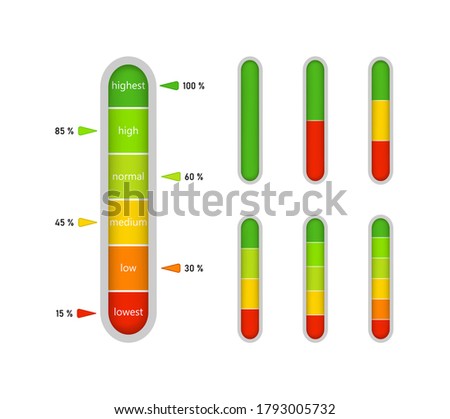 Meter bar on gauge. Level of progress on scale with indicator. High - green and low - red vertical level of measure. Percentage performance, power on graphic color ruler. Comparison of speed. Vector.