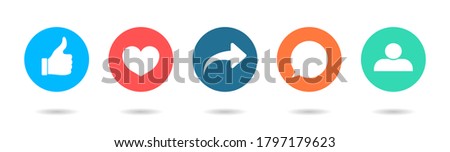 Icon of like, share, friend, comment, follow and repost. Social post button with thumb, dislike, heart and love symbols. New social network with media logo. emoji for app and notifications. Vector.
