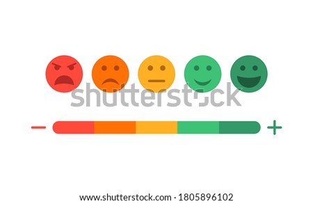 Feedback and level of satisfaction of customer. Survey with emoji on scale. Face icons with different mood. Sad and happy experience. Negative or positive emoticons of evaluation from users. Vector.