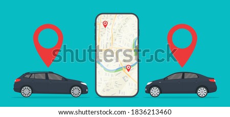 Car with app of cab in mobile. Uber taxi. Rent of car in city. Online service with location of auto in phone. Application of gps navigation on road for travel. Order for taxi with urban map. Vector.