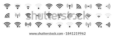 Icon wifi signal. Wireless internet symbol. Set of sign for connect of network. Bar of satellites for mobile, radio, computer. Hotspot, strength electronic wave from antenna for communication. Vector.