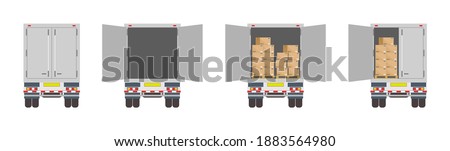 Truck of logistic. Back of delivery van. Open and closed door of container with boxes. Cargo in truck for transportation and export. Car for delivery of good from warehouse. Cartoon lorry rear. Vector