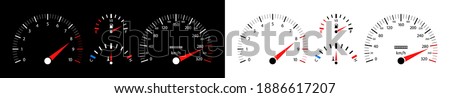 Car speedometer. auto Dashboard with speed gauge, tachometer and odometer. Icons isolated on black and white background. Fuel, engine rpm and temperature meter Panel. Sport car. Vector.