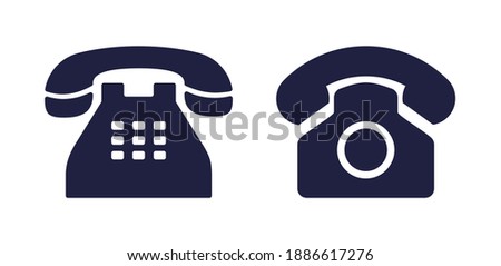 Phone icon. Old telephone for office. Retro rotary phone isolated on white background. Symbol of web support. Sign of connection, call, helpline, hotline and business. Graphic icon of helpdesk. Vector