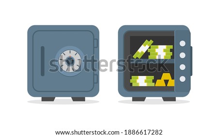 Safe with money and gold. Open and close metal vault. Icons of safe for bank. Box with door for safety of deposit. Container of financial storage. Vault with lock. Protection, security concept. Vector