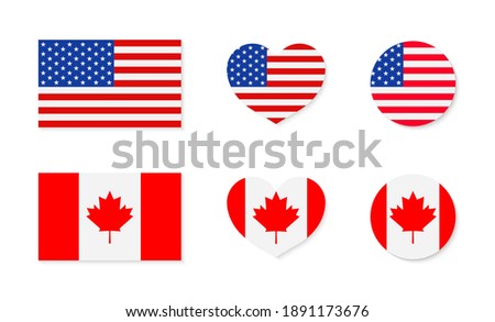 Canada and USA flags. North america. Canadian and american friendship. Icon of maple for Canada. Icon of stars for USA. Flags in circles and hearts. Symbols for national independence. Vector.