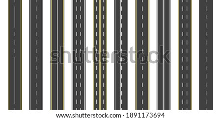 Asphalt road. Seamless straight highway with line. Street, roadway for car with yellow, white strips. Construction of track with lanes for direction. Ways of traffic. Vertical set of textures. Vector.