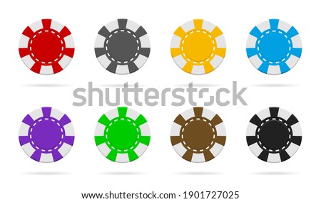 Poker and casino chip. Gamble logo. Icon of token for poker. Blackjack coin. Macau icon. Equipment of top gambling. Graphic for bet of roulette. Entertainment in vegas. Chips in front view. Vector.