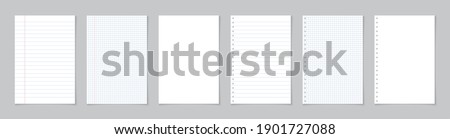 Paper page of notebook. School sheet with lines and grid. White sheets for notes. Notepad for mathematics and letter. Realistic blank notepaper with shadow isolated on gray background. Vector.