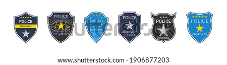 Police badge. Police department. Emblem of shield for cop and officer. Sign of security, law and protect. Symbol of sheriff, detective and policeman. Label with star and crest. Icon of patrol. Vector.