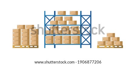 Warehouse inventory with rack, pallet and boxes. Shelf for storage of cargo. Stock of wholesale goods in warehouse of logistic. Icon of store, distribution. Merchandise on shelves of factory. Vector.