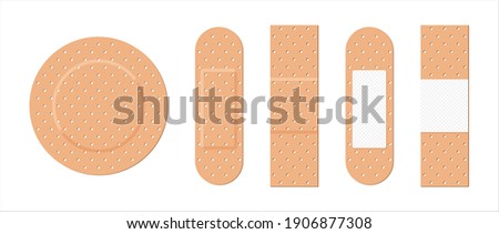 Medical plaster. Adhesive bandage for aid of wound. Icons of breathable bandaids. Bands isolated on white background. Medicine plaster strips for first aid, pain, pharmacy, accident, surgery. Vector.