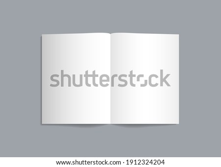 Mockup of brochure with fold. Blank mock up of booklet, menu and flyer. White paper of magazine. A4 mockup of leaflet. Template of twofold pamphlet isolated on gray background. Vector. Foto stock © 