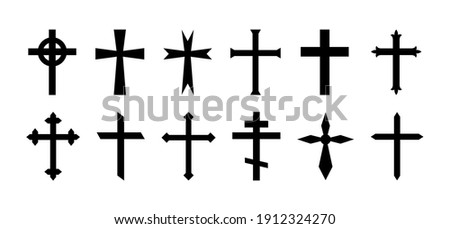 Cross of christian crucifix. Icon of christian cross. Symbol of church of jesus. Sign of catholic, religious and orthodox faith. Set of black gothic logos on white background. Different design. Vector