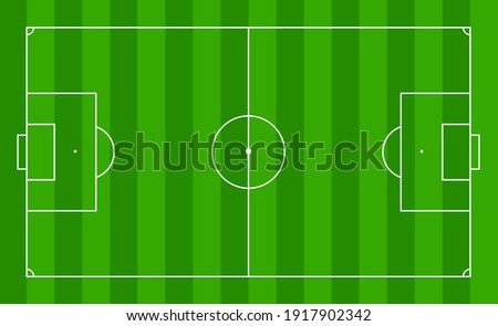 Soccer field. Football pitch. Stadium with green grass. Green texture with stripes and white lines, corner, penalty, center. Plan of football area for training and championship. Football match. Vector