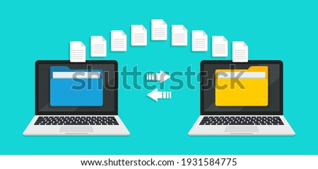 Transfer file of data between laptop. Transmission of document between computer. Backup of information on pc system. Exchange of file on folder in laptop. Send of document in internet. Vector.