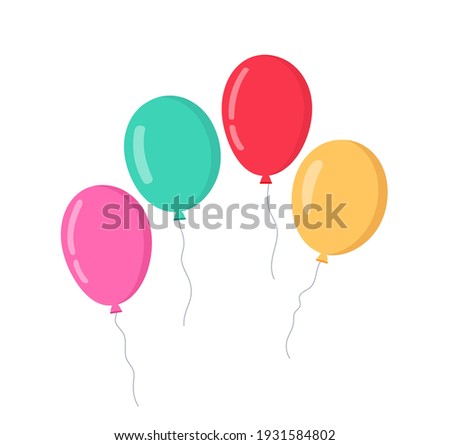 Balloon in cartoon style. Bunch of balloons for birthday and party. Flying ballon with rope. Blue, red and yellow ball isolated on white background. Flat icon for celebrate and carnival. Vector.