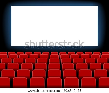 Cinema screen. Cinema with screen and seat. Theater hall with interior. Auditorium for movie, theatre. Empty stage for film. Red chair with scene for presentation. Background for advertising. Vector.