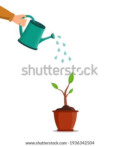 Water can in hand. Water for pour of tree and plant. Growth are seed in garden in spring. Pot with plant or flower. Hand holding can watering for grow of sprout. Flora, tool and sprinkle. Vector.