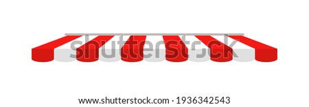 Tent of shop. Awning on cafe. Roof of marketplace. Red-white stripe canopy for store or market. Striped sunshade for restaurant, circus and marquee. Parasol on white background. Vector.