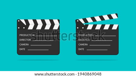 Movie clapper board. Slate of clapperboard. Director of film. take video with clapboard. movie clapper isolated. Action for production of film. Art of hollywood on cinema. Equipment for video. Vector.