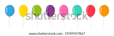 Balloon in cartoon style. Bunch of balloons for birthday and party. Flying ballon with rope. Blue, red, yellow and green ball isolated on white background. Flat icon for celebrate and carnival. Vector Imagine de stoc © 