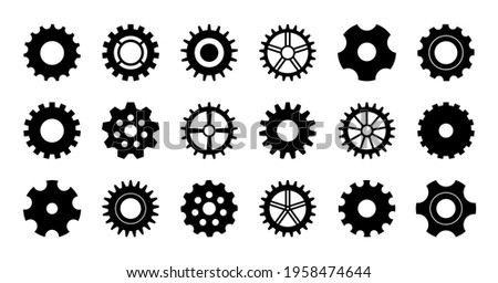 Gear icon. Cogwheel for industry. Gearwheel of engine. Circle wheel with cogs for machinery. Set of silhouette for technical, mechanism, clock and factory. Black icons of metal gearwheel. Vector.