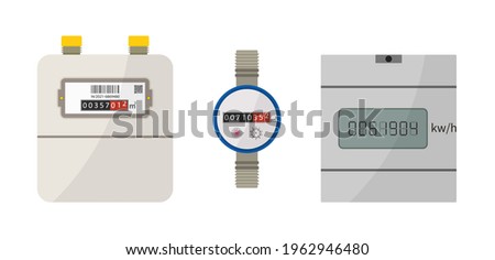 Meter of electric, gas and water. Counter box with display for measure consumption of electrician, water and gas. Equipment for home. Machine for control and economize energy. Data panel. Vector. Сток-фото © 