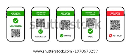 Vaccine passport in smartphone screen. Certificate of vaccine and immune from covid in phone app. Health passport on digital screen with qr code for control and check of safety from covid-19. Vector.