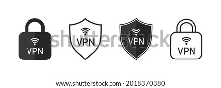 Vpn icon. Shield and lock with vpn icon. Safe for wifi and server. Logo for protect of private network. Set of line symbol of connection. Sign of web protection, encryption, authentication. Vector.