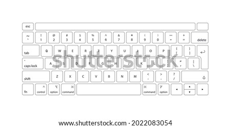 Keyboard of computer, laptop. Modern key buttons for pc. White keyboard isolated on white background. Icons of control, enter, qwerty, alphabet, numbers, shift, escape. Realistic mockup. Vector.