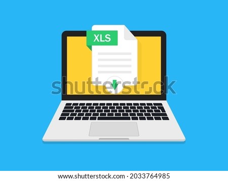 Excel file download. Xls sheet download in laptop. Icon of spreadsheet for export or import data. Document for office and computer. Button for upload of xlsx. Online download of file and open. Vector.