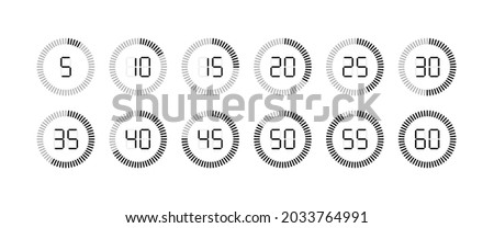 Timer icon. Stopwatch with second and minute. Clock for time, countdown and stop. Watch with sec from 5 to 60. Chronometer for speed, sport and cooking. Set of graphic symbols. Vector.